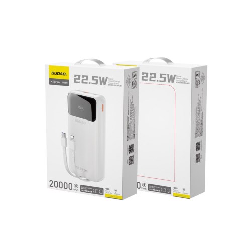 Powerbank 20000mAh 22.5W PD USB-C USB-A z wbudowanymi kablami iPhone Lightning USB-C - biały