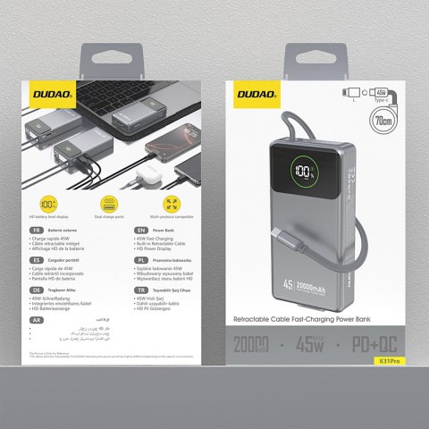Powerbank K31 Pro 20000mAh ze zwijanym kablem USB-C 45W - szary