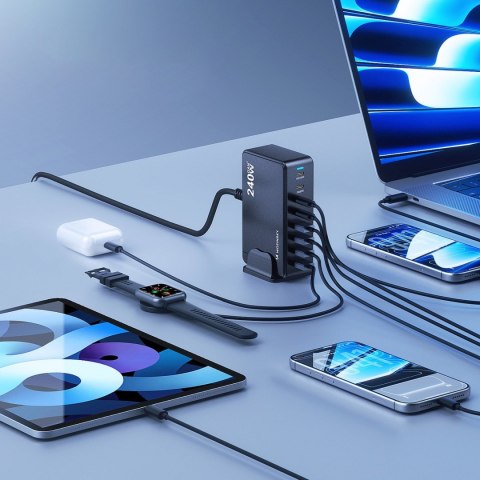 Stacja ładująca biurkowa 4x USB-A 4x USB-C GaN QC3 240W - czarna