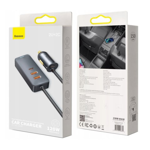 Ładowarka samochodowa z przedłużaczem USB-A USB-C PPS 120W - jasnoszara