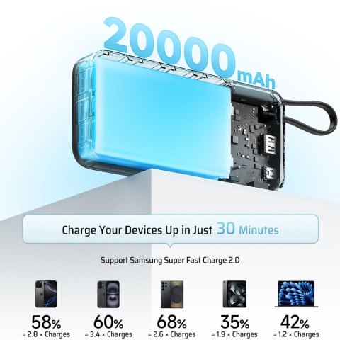 Powerbank 20000mAh USB-A USB-C z wbudowanym kablem USB-C 55W - biały
