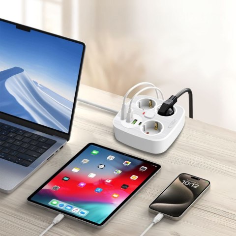 Listwa zasilająca 3 gniazda sieciowe 2x USB-A 2x USB-C 200 cm - biała