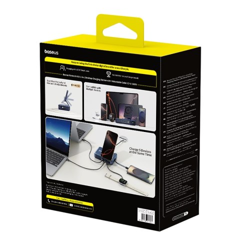 Stacja ładująca 5w1 bezprzewodowa USB-A USB-C ze zwijanym kablem Qi2 160W - czarna