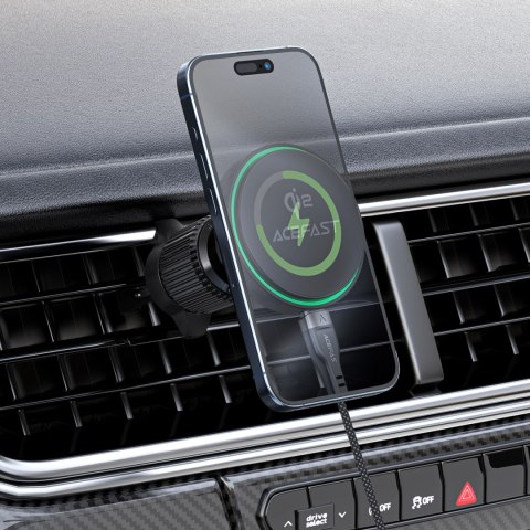 Uchwyt samochodowy z ładowarką magnetyczną na telefon Qi2 15W do kratki nawiewu - czarny