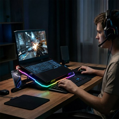 Podstawka chłodząca gamingowa pod laptop z uchwytem na telefon RGB - czarna