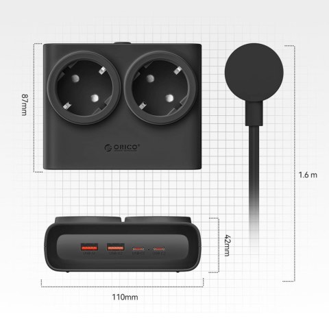 Listwa zasilająca 6w1 AC USB-A USB-C 25W - czarna