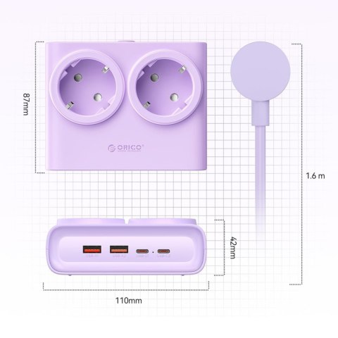 Listwa zasilająca 6w1 AC USB-A USB-C 25W - fioletowa