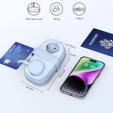Listwa zasilająca 6w1 AC USB-A USB-C GaN 65W - niebieska