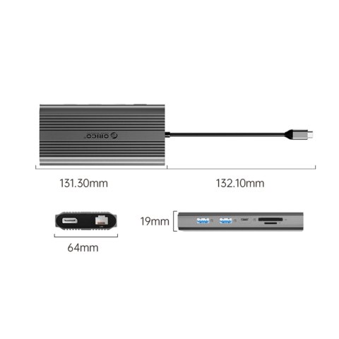 HUB stacja 12w1 USB-C - USB-A USB-C HDMI DisplayPort RJ45 SD PD 100W 4K 1000Mbps - szara