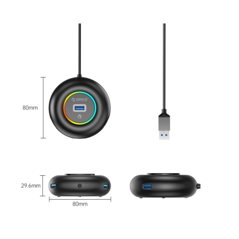 Hub adapter 4-portowy USB-A - USB-A mini jack RGB 0.3 m - czarny