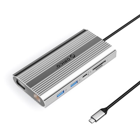 Stacja dokująca 12w1 USB-C - USB-A USB-C HDMI VGA RJ45 SD microSD PD 100W - srebrna