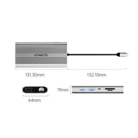 Stacja dokująca 12w1 USB-C - USB-A USB-C HDMI VGA RJ45 SD microSD PD 100W - srebrna
