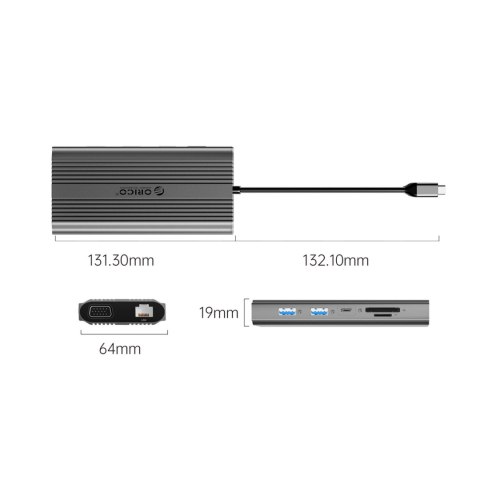 Stacja dokująca 12w1 USB-C - USB-A USB-C HDMI VGA RJ45 SD microSD PD 100W - szara