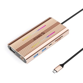 Stacja dokująca HUB 12w1 USB-C - USB-A USB-C HDMI VGA RJ45 SD PD 100W 4K 1000Mbps RGB - różowo złota