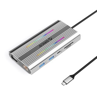 Stacja dokująca HUB 12w1 USB-C - USB-A USB-C HDMI VGA RJ45 SD PD 100W 4K 1000Mbps RGB - srebrna