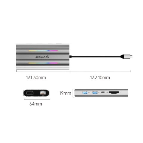 Stacja dokująca HUB 12w1 USB-C - USB-A USB-C HDMI VGA RJ45 SD PD 100W 4K 1000Mbps RGB - srebrna