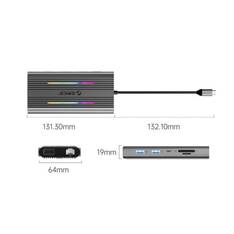Stacja dokująca HUB 12w1 USB-C - USB-A USB-C HDMI VGA RJ45 SD PD 100W 4K 1000Mbps RGB - szara