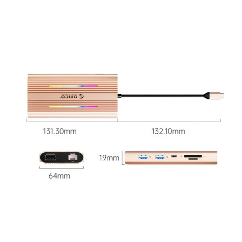 Stacja dokująca HUB 12w1 USB-C - USB-A USB-C HDMI VGA RJ45 SD microSD PD 100W 4K RGB - różowo złota