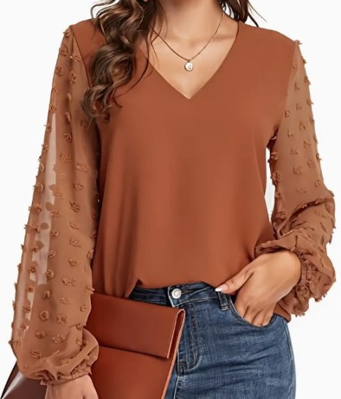 Koszula damska V-neck z poliestru, pomarańczowa, luźny krój