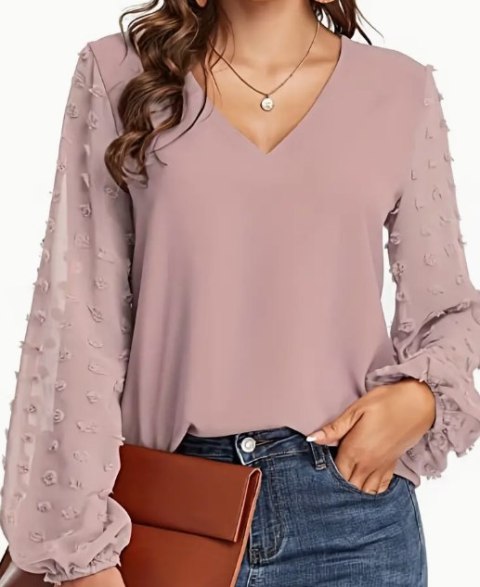 Koszula damska V-neck z tkaniny, w kolorze bladoróżowym, rozmiar L