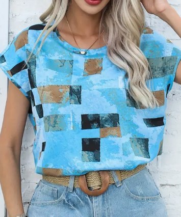 Koszulka damska z geometrycznym wzorem Aztec, niebieska, rozmiar 2XL, wygodna na lato