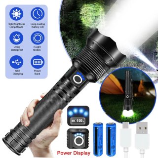 Latarka LED XHP90 9500000 lumenów czarna, USB, wodoodporna