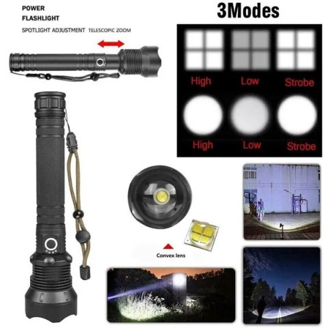 Latarka LED XHP90 9500000 lumenów czarna, USB, wodoodporna