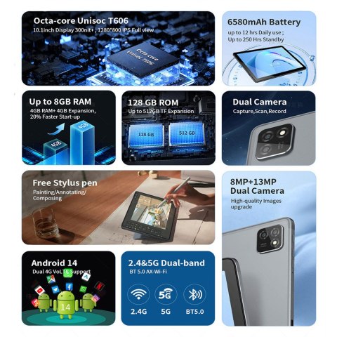 Tablet G-tab T11 10.1 cala metalowy 1280x800 Android 14