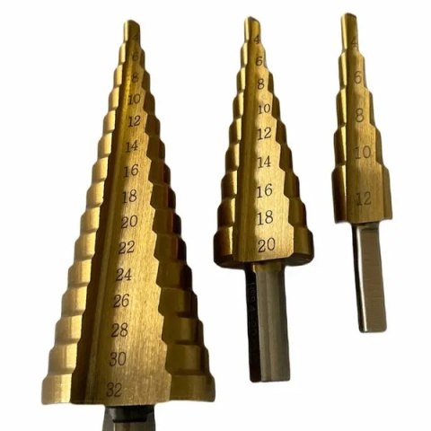 Wiertło pagodowe zestaw 3 sztuki, stal HSS, uchwyt sześciokątny, rozmiary 4-12mm, 4-20mm, 4-32mm