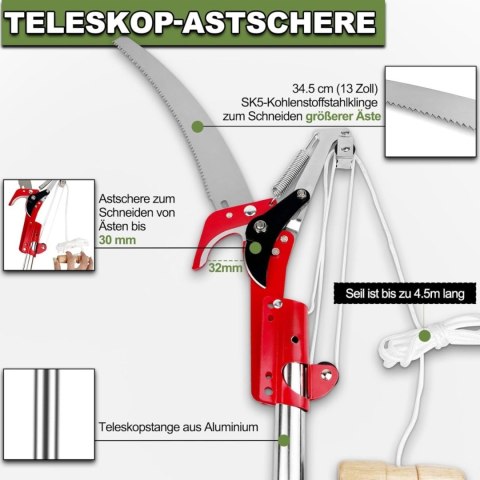Nożyce teleskopowe do przycinania, stal nierdzewna, długość regulowana 82-402 cm
