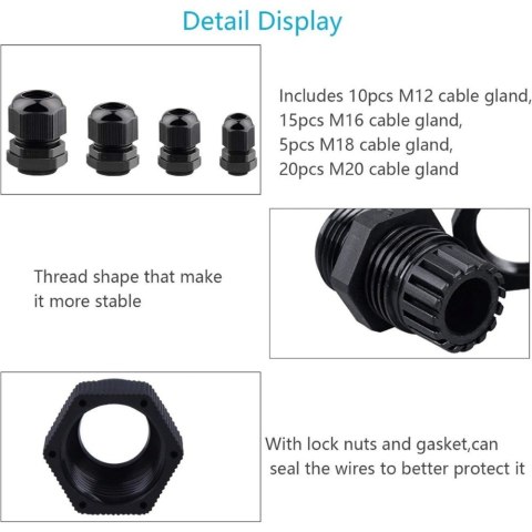 Zestaw 50 wkładek kablowych czarnych M12 M16 M18 M20