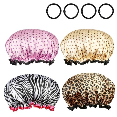 Czepki prysznicowe zestaw 4 szt. różowe i żółte w kropki, leopard i zebra