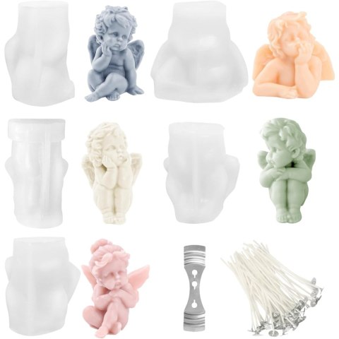 Zestaw form do świec 5-elementowy, 3D anioł, z knotami, do produkcji czekolady i mydła