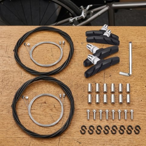 Zestaw kabli hamulcowych do roweru z klockami V-brake, 2 kable, 4 klocki, klucz M5