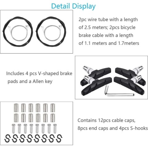 Zestaw kabli hamulcowych do roweru z klockami V-brake, 2 kable, 4 klocki, klucz M5