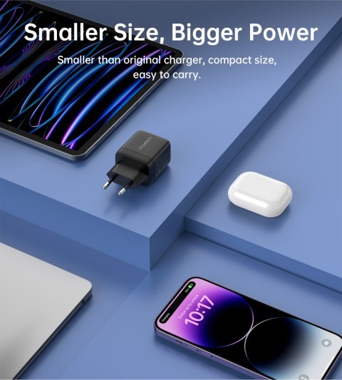 Mała mocna ładowarka sieciowa GaN USB-A USB-C PD 35W z wyświetlaczem czarna